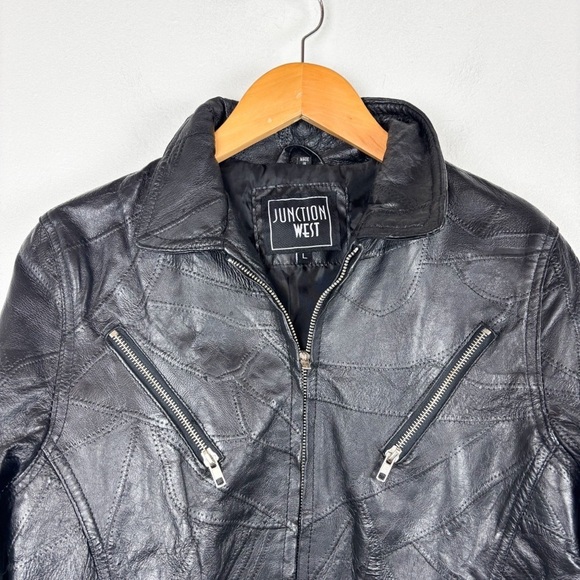 Vintage Junction West Women’s Black Patchwork Leather Jacket Sz L - Picture 3 of 13